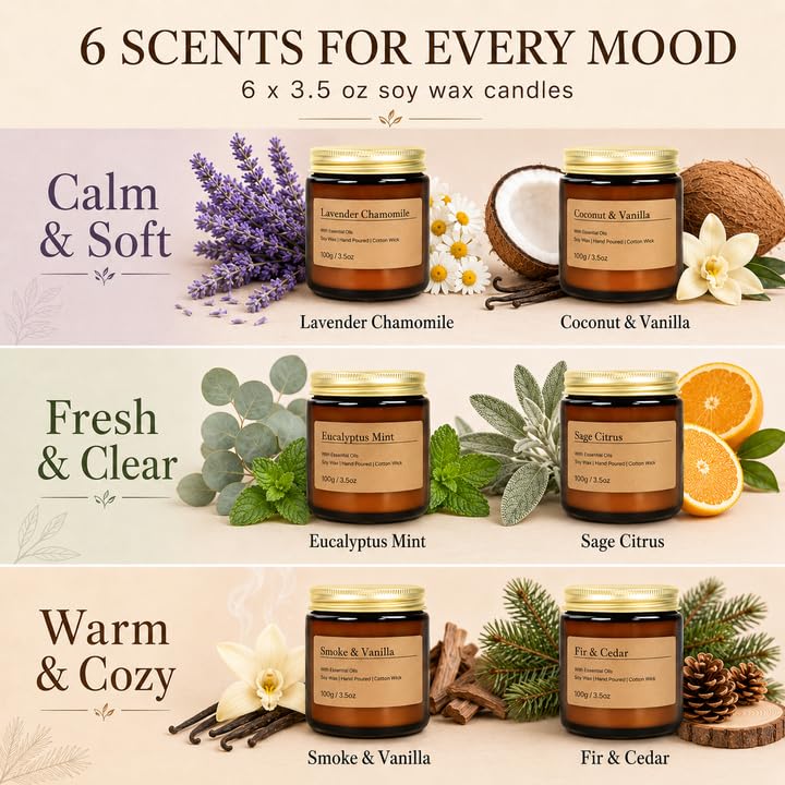 6-Pack Scented Candles for Home, 3.5 Oz Soy Wax Aromatherapy Candle Gift Set, Lavender Chamomile, Eucalyptus Mint & Vanilla, Birthday Gifts for Women, Thank You Graduation Gifts - color: Smoke&Vanilla/Fir&Cedar/Eucalyptus/Lavender Chamomile/California Sag