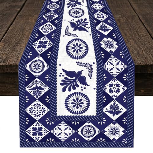 Floral Bird Mexican Table Runner, Vintage Mexico Talavera Dia De Los Muertos Blue Patchwork Tiles Pattern Print Kitchen Dinning Table Runner for Indoor Outdoor Home Wedding Party Holiday, 13x36 Inch - color: Mexican-1, size: 13"W x 36"L