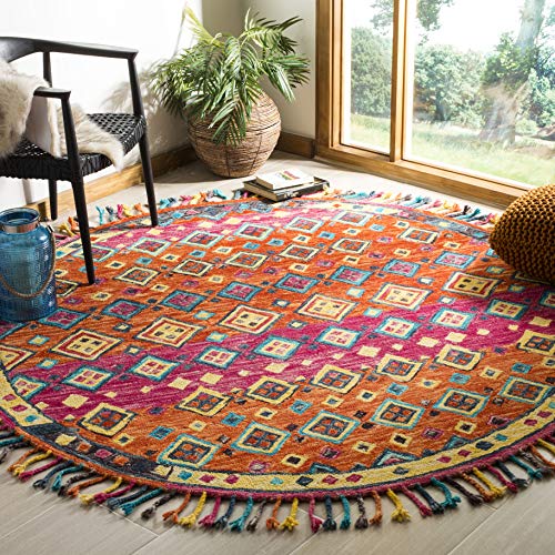 SAFAVIEH Aspen Collection Area Rug - 8' Round, Orange & Fuchsia, Handmade Boho Braided Tassel Wool, Ideal for High Traffic Areas in Living Room, Bedroom (APN138A) - size: 8' (Round)