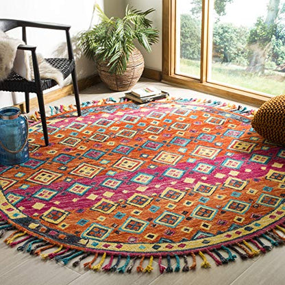 SAFAVIEH Aspen Collection Area Rug - 8' Round, Orange & Fuchsia, Handmade Boho Braided Tassel Wool, Ideal for High Traffic Areas in Living Room, Bedroom (APN138A) - size: 8' (Round)