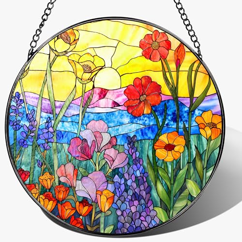 8-Inch Stained Glass Ornament, Stained Glass Window Hanging, Window Hanging Decor, Suncatcher Home Decor, Wildflowers Ornament | Mother's Day, Birthday, Christmas, Housewarming Gifts - color: Wildflowers B