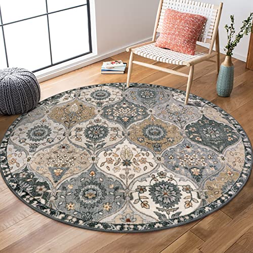 Lahome Moroccan Washable Round Area Rug, Soft Grey Vintage Round Rug 3ft | Distress Circle Carpet for Entryway Bathroom Bedroom Non Slip Low Pile Stain Resistant Accent Rug Elise, Grey - color: Dusty Grey Beige, size: 3' (Round)