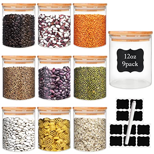 DHSBTLS 9 Pack 12 oz Glass Jars with Airtight Bamboo Lids for Kitchen | 340 ml Pantry Organization Jar, Glass Terrarium with Lid, Spice, Flour and Sugar Container, Canister Set for Kitchen Counter