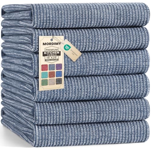 Mordimy Premium Large Cotton Kitchen Towels (18"x 28", 6 Pack), Navy Blue | 100% Ring Spun Cotton, Super Absorbent, 380 GSM, Flat & Terry, Soft, Hanging Loop Dish Towels - color: Navy Blue, size: 18"x28" - 6 Pack