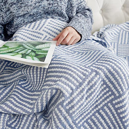 jinchan 100% Cotton Muslin Blanket Twin Boho Throw Blanket 60x80 Dusty Blue | 3-Layer, Dotted Diamond Quilt, Cooling Breathable Lightweight, for Adult, Soft, Reversible, Summer, Couch, Sofa, Bedroom - color: B. Square Blue, size: 60"x80"
