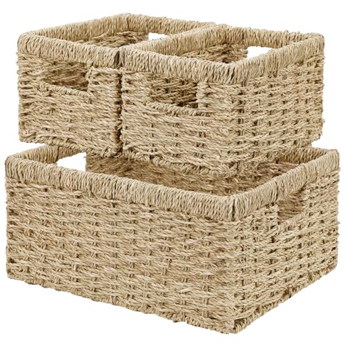 Wicker Basket, Set of 3 Hand-woven Storage Baskets for Organizing, Seagrass Wicker Storage Basket Bins with Handles, Small Toilet Paper Storage Baskets for Shelves Pantry Baskets (Seagrass) - color: A-Seagrass