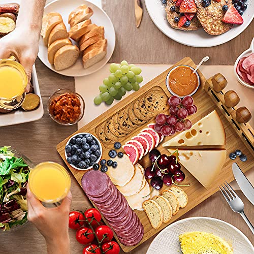 Bamboo Charcuterie Board Set with 4 Cheese Knives, Serving Platter | 4 stainless steel knives, cutting board. Ideal for parties, weddings, wine night, housewarming. - size: 14" x 11" x 0.6"