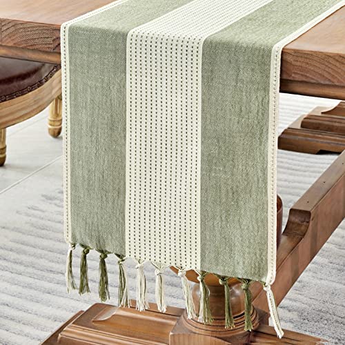 Wracra Linen Table Runner, Stripe Table Runners 108 Inches Sage Green | Delicate Splicing Design and Hand-Tassels;Cotton Linen Woven Fabric;Farmhouse Macrame Table Runner;Dresser Dining Table Decor - color: Sage Green, size: 13×108 Inch (1 pc)