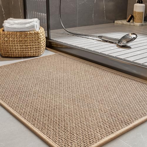 PADOOR Non-Slip Bath-Mats, Rubber-Backing Braided Absorbent Bathroom Mat, Machine Washable Thin Bathroom Rugs, Fit Under Door, Quick Dry, 24''x35'' Beige - color: Beige, size: 24''x35'' Rectangular