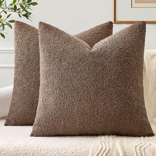 EMEMA Pack of 2, 18 x 18 Inch, Textured Boucle Throw Pillow Covers Cozy Soft Accent Solid Cushion Cases Decorative Dark Coffee Pillowcases for Couch Sofa Chair Bedroom Living Room Home Decor - color: Dark Coffee, size: 18" x 18" (Pack of 2)