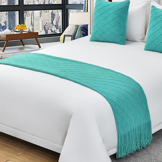 Cotton Knit Bed Runners King Size,Decorative Boho Bed Scarf with Tassel,Soft Solid Color Woven Beds Throw Blanket for Bedroom Home Hotel (Lake Water Green Diamond Shape 45x45cm/only Pillowcase) - color: Lake Water Green Diamond Shape, size: 45x45cm/only p