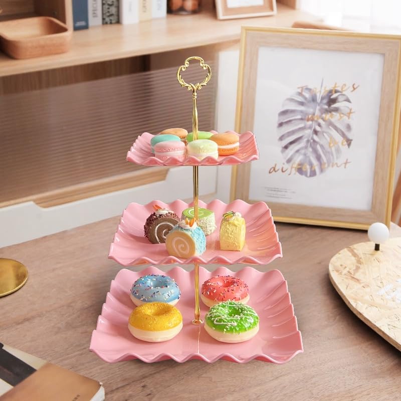 2 Pack of Pink Square Dessert Cupcake Stand, 3 Tiered Plastic Serving Tray | 3 Tier Cup Cake Holder Tower for Tea Party/Birthday/Wedding - color: Pink