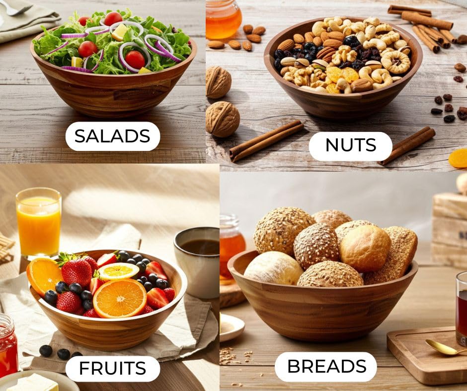 11-Inch Acacia Wood Salad Bowl, 1500 Cubic cm Volume, 1.5 Liter Capacity, Brown - size: 1 Bowl of 11-Inch (1.5 Liters)