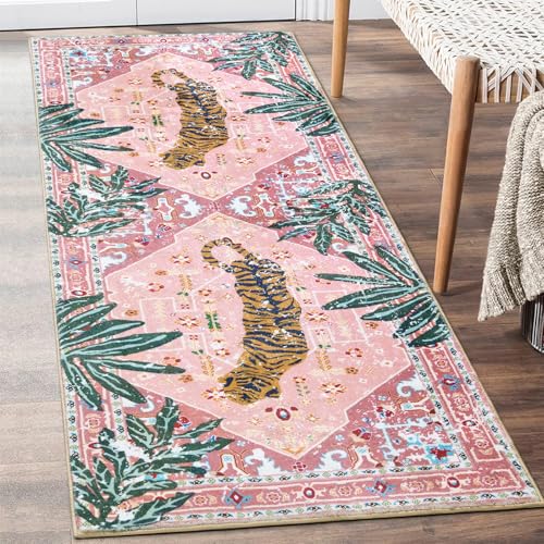 Oriental Tropical Kitchen Runner Rug 2x5 Washable, Thin Stain Resistant Pink Boho Bathroom Runner Rug for Hallway Entryway Bedroom Laundry, Vintage Abstract Hippie Botanical Long Carpet - color: Pink, size: 2' x 5'