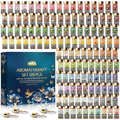 Essential Oil Set, 128 Pcs Fragrance Aromatherapy Oils for Skin, Diffusers, Home Care, Humidifier Laundry, Candle Making - Tea Tree, Sandalwood, Lavender, Vanilla, Eucalyptus and More(5mL) - color: 128 Pack Essential Oil Set Dark Blue