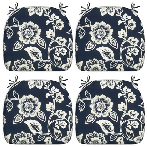 LVTXIII Outdoor Seat Cushions Patio Chair Pads with Ties, All Weather Chair Cushions for Home Office and Patio Garden Furniture Decoration D16”xW17”, Set of 4, Elegant Vines Navy - color: Elegant Vines Navy, size: 4 Count (Pack of 1)