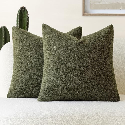 Foindtower Pack of 2, Curly Faux Fur Decorative Throw Pillow Covers Soft Plush Cushion Case with Zipper Cozy Fluffy Boho Pillowcase for Home Living Room Couch Bed Sofa 18 x 18 Inch, Moss Green - color: Moss, size: 18" x 18" (Pack of 2)