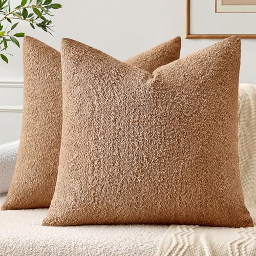 EMEMA Pack of 2, 18 x 18 Inch, Textured Boucle Throw Pillow Covers Cozy Soft Accent Solid Cushion Cases Decorative Brown Pillowcases for Couch Sofa Chair Bedroom Living Room Home Decor - color: Brown, size: 18" x 18" (Pack of 2)