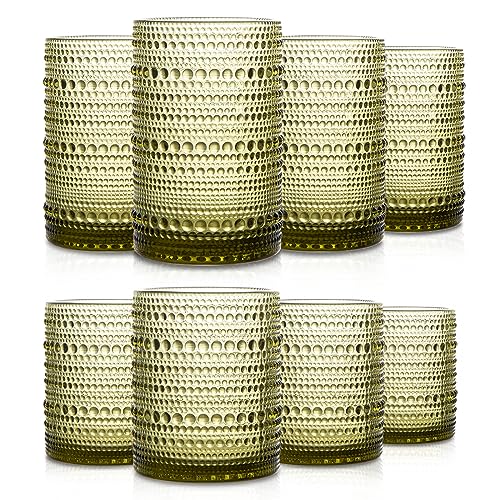 SoulTimes Set of 8 Hobnail Drinking Glasses Vintage Green Glassware - 4 Highball Glasses 14 oz, 4 Rocks Glass Cup 11 oz, Embossed Old Fashioned Glassware for Water, Wine, Beer, Juice, Mixed Drinkware - color: Green
