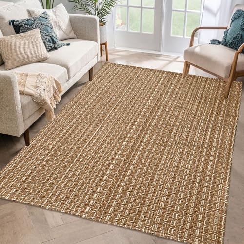 Tan Brown Boho Faux Jute Area Rug 3x5 ft,Braided Solid Non Slip Indoor Rug | Soft stain resistant washable neutral rug for bedroom, living room, home and office - size: 3' x 5' (Rectangular)