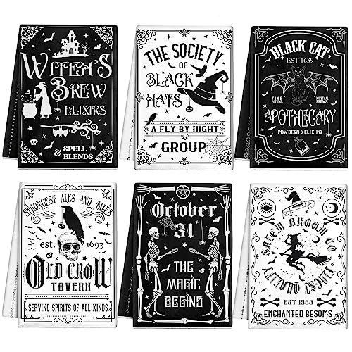 Ganeen 6 Pcs Halloween Kitchen Towels The Undead Gothic Art Dishtowels Set Halloween Skull Tea Skull Gifts Tarot Hand Towels for Cooking Baking Home Kitchen - color: Traditional