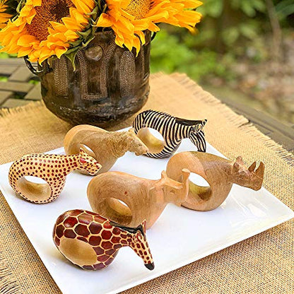 Mahogany Wood Animal Napkin Rings Set of Six - Handmade Wooden Napkin Rings - color: Assorted Animals
