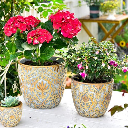 Sungmor Set of 2, 8 & 10 Inch Heavy Duty Embossed Cement Plant Pots | Sturdy Concrete Garden Planters with Drainage Holes, Decorative Flower Pots for Indoor Outdoor Home & Patio Decor