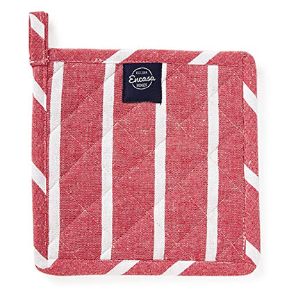 Encasa XO Pot Holders, Quilted Kitchen Hot Pads 8"x8" Roma Red Stripes | 100% Eco-Friendly Cotton | Thick Cotton Padding Insulation | Convenient Hanging Loop | Set of 2 - color: Roma Red Stripes