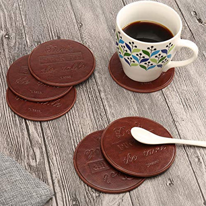 Funny Coasters, Thipoten 6 Pcs Leather Coasters with Holder, Perfect Housewarming Hostess Gifts, Protect Furniture from Water Marks Scratch and Damage(6Pcs, Coffee) - color: Coffee