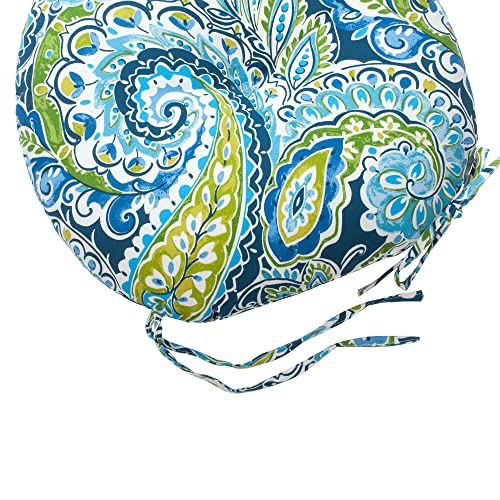 Magpie Fabrics Outdoor Round Bistro Seat Cushions with Ties, 15"x15"x4" Set of 2, Tufted Waterproof Barstool Chair Pads for Patio Home Garden Office, Paisley Lapis Green - color: Paisley Lapis Green