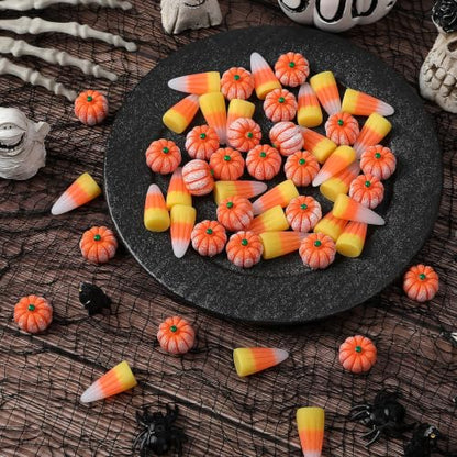 JUNEBRUSHS 50 Pcs Fake Candy Corns Artificial Pumpkin Resin Ornaments | Realistic and Lovely Appearance, Vase Filler, Halloween Fall Crafts Table Decorations - style: Corns Pumpkin Style