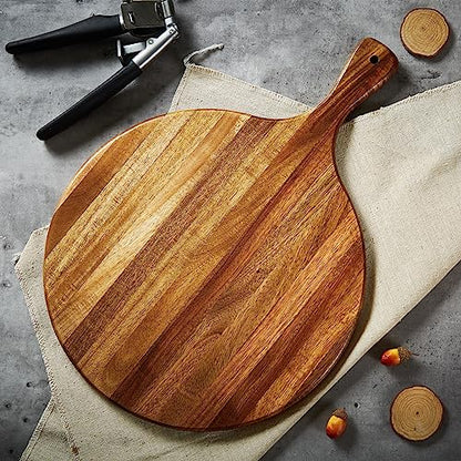 Acacia Wood Round Cutting Board with Handle - Wooden Charcuterie Board, Versatile Cutting Serving Board for Pizza, Bread, Cheese, Vegetables, and Kitchen Decor, 16"x12" - size: 16.5"L x 11.8"W
