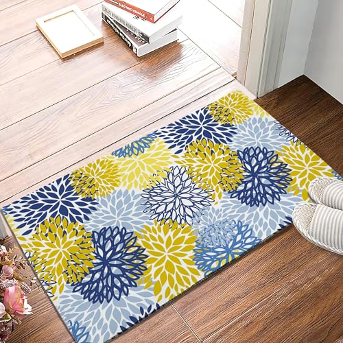 SPUNKER Blue Yellow and Navy Florals Door Mat, 17 x 30 Inch Welcome Doormat Decorative Home Floor Mat, Non Slip Strong Water Absorption for Indoor Outdoor Entrance Decor - color: Blue Yellow and Navy Florals