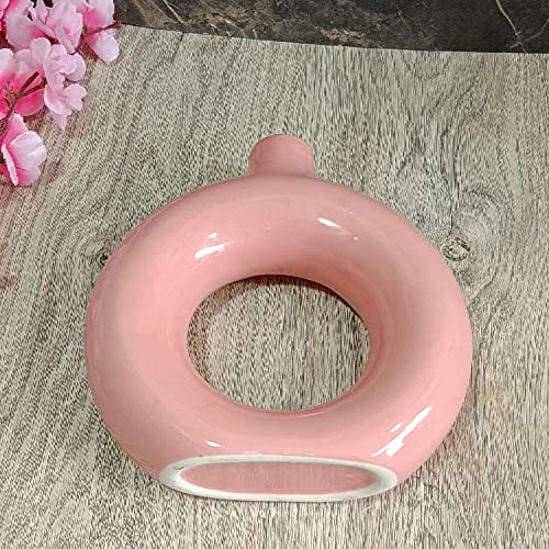 India Meets India Ceramic Vase [Pink], Ceramic Donut Circle Vase, Decorative Hollow & Pampas Dried Flowers Vase for Home Decoration/Living Room/Bedroom/Office/Table/Bookshelf, 8"