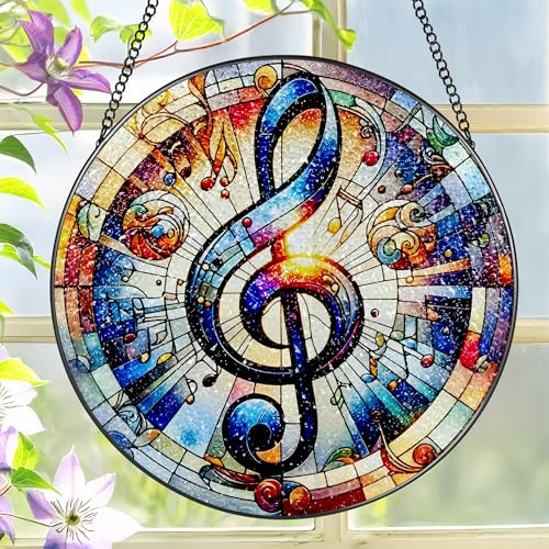 Stained Glass Window Hanging, LAOWEIKI 8'' Musical Note Suncatcher, Stained Glass Ornament, Suncatchers for Windows Hanging, Window Decor, Outdoor or Indoor, Gifts for Friends, Music Lover - color: Musical