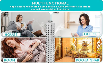 Steel King Size Sage Long Tower Soapstone Incense Holder Home Agarbatti Stand with Ash Catcher Best for Diwali Pooja Celebration (Mutiple Sticks)
