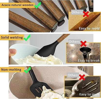 Silicone Cooking Utensil Set, Umite Chef 8-Piece Kitchen Utensils Set with Natural Acacia Wooden Handles,Food-Grade-Silicone Kitchen Gadgets Spatulas Set for Nonstick Cookware- Black - color: Black