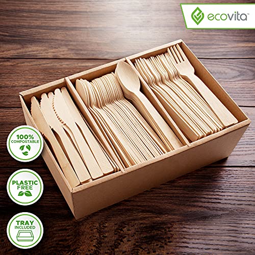 100% Bamboo Forks Spoons Knives Cutlery Combo Set - 380 Large Compostable Disposable Utensils (7 in.) Eco Friendly Durable and Tree Free Alternative to Wooden Silverware with Convenient Tray