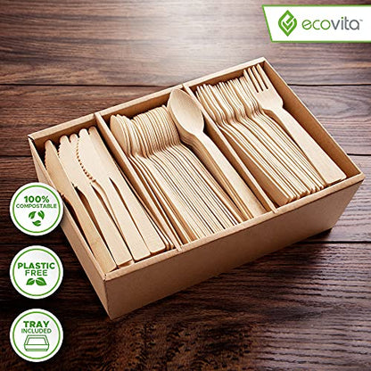 100% Bamboo Forks Spoons Knives Cutlery Combo Set - 380 Large Compostable Disposable Utensils (7 in.) Eco Friendly Durable and Tree Free Alternative to Wooden Silverware with Convenient Tray
