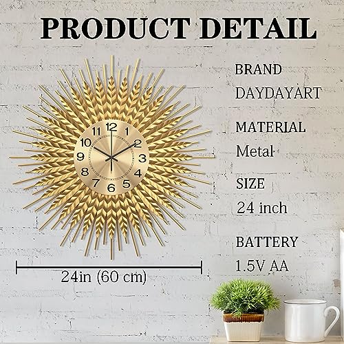 Modern Large Wall Clock Decorative Metal Mid Century Wall Clocks, Gold Big Silent Non-Ticking Clock, Modern Handmade Home Art Decor for Living Room, Bedroom, Dining Room, 24 Inch - size: 1. Gold-Wheat 24In(60cm)