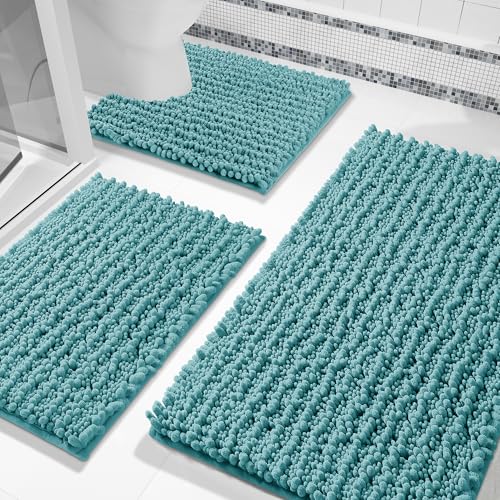 Yimobra Bathroom Rug Set 3 Piece - Super Absorbent Quick Dry Chenille Bath Mats & Toilet Rug, Non Slip Machine Washable, Extra Thick Shaggy Floor Mat for Shower Tub Sink, Teal Blue - color: Teal Blue, size: 24"x20" + 30"x20"+ 44"x24"