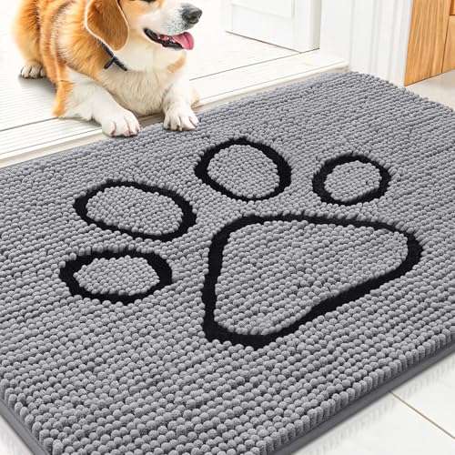 Smiry Dog Door Mat for Muddy Paws, Absorbent Non Slip Dirt Trapper, 30x20 | Grey and Black, Quick Dry Washable Chenille Mat for Mud Dogs, Entry Rug for Indoor and Outdoor - color: Grey and Black, size: 30"X20"