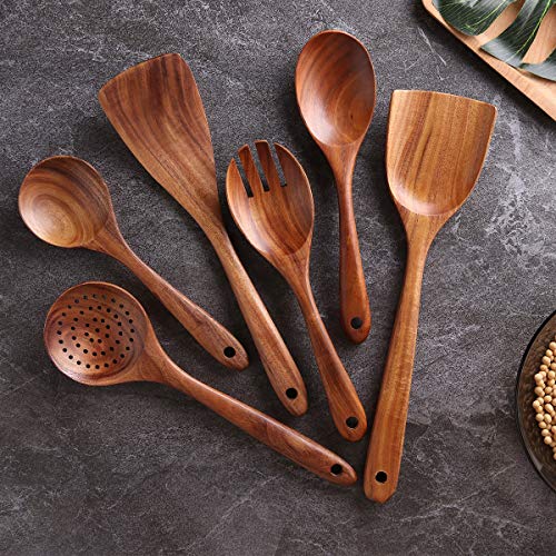 Kitchen Utensils Set, NAYAHOSE Wooden spoons for Cooking Non-stick Pan Kitchen Tool Wooden Cooking Spoons and Wooden utensil storage wooden barrel - size: 7Pcs Set