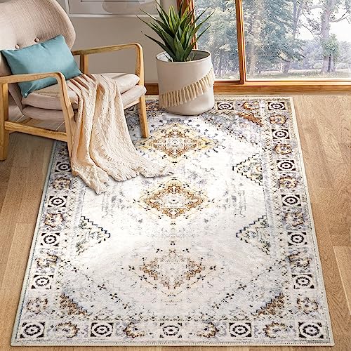 COMSLE Area Rug 3x5 Faux Wool Rugs for Kitchen, Boho Washable Throw Rugs Non-Slip Distressed Carpet Soft Accent Floor Rug for Bedroom, Living Room, Laundry Room (Khaki) - color: Khaki, size: 3' x 5' (Rectangular)