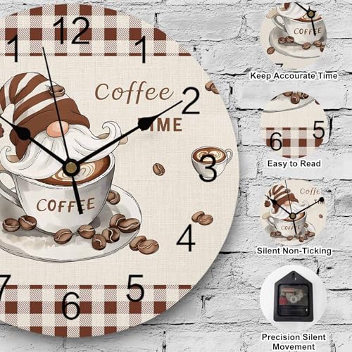 Silent PVC Wall Clock 12 Inch Round Wall Clock Gnomes Coffee Time Brown Plaid Hanging Clock for Kitchen Non Ticking Battery Operated Living Room Mute Clock - color: Coffeecbt3650, size: 12x12inch(30x30cm)