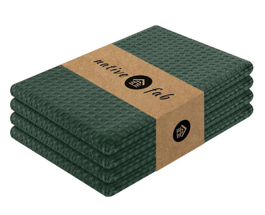 Native Fab Cotton Kitchen Towel with Hanging Loop 16x26 inches, 4-Pack, Waffle Weave Kitchen Towels for Cleaning Drying, Washcloths Soft & Absorbent Cloth Rags, Bar Towel, Dish Cloth, Olive Green - color: Olive Green, size: Set of 4