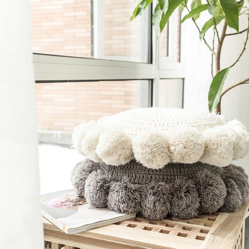 Knitted Throw Pillow Round Couch Pillow Sofa Cute Cushion Handmade Pompoms Decorative Plush Pillow (Beige, Diameter 18inches) - color: Beige