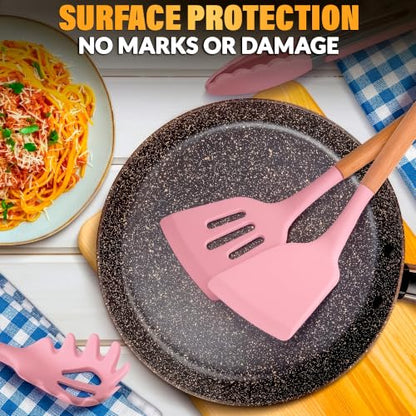 12 Pcs Pink Cooking Utensils Set with Holder for Nonstick Cookware | Silicone Kitchen Utensils Set for BBQ; Heat-Resistant Tools with Wooden Handles for Baking, Serving, Frying, and Mixing - color: Pink
