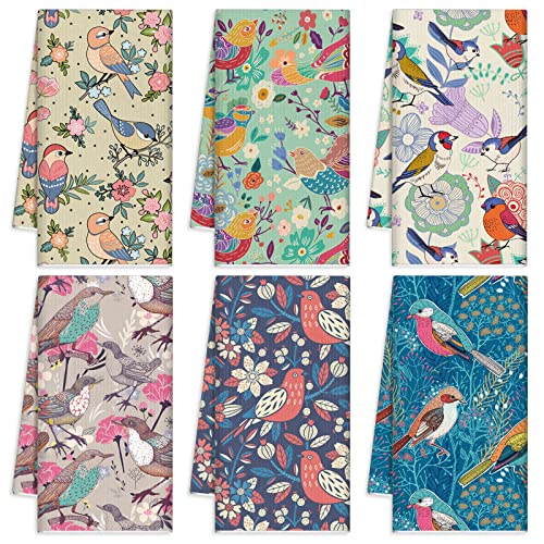Redbaker 6 Pcs Bird Kitchen Towels Retro Floral Absorbent Dishcloth Set | Decorative Hand Towels with Birds Wildflower Prints, Kitchen Cleaning Cooking Baking, Housewarming Gift for Bird Lovers - style: Garden