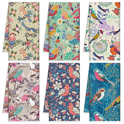 Redbaker 6 Pcs Bird Kitchen Towels Retro Floral Absorbent Dishcloth Set | Decorative Hand Towels with Birds Wildflower Prints, Kitchen Cleaning Cooking Baking, Housewarming Gift for Bird Lovers - style: Garden